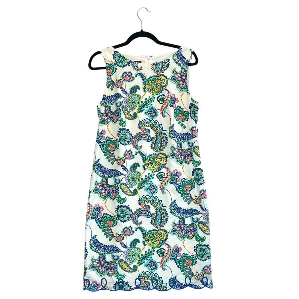 Talbots Paisley Scallop-Hem Sheath Dress Women's Sz 6 White Multicolor Evening